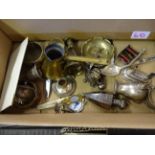 BOX OF BRASS AND PLATEWARE