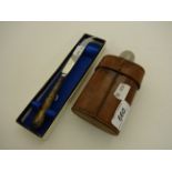 GLASS HIP FLASK IN LEATHER CASE PLUS SILVER HANDLED CHEESE KNIFE