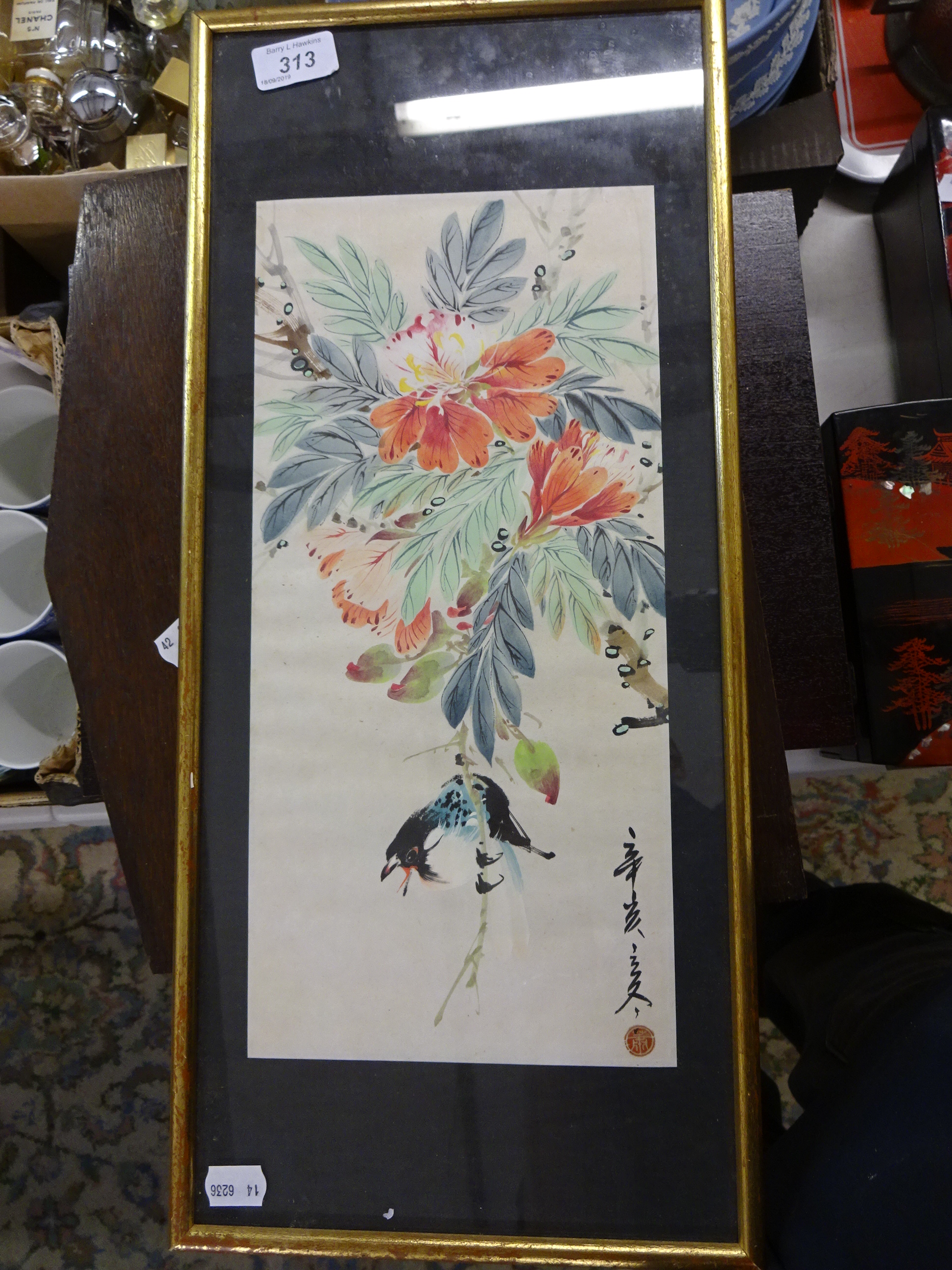 CHINESE WATERCOLOUR OF BIRD AND FLOWERS (24 X 55)CM - Image 2 of 3