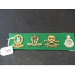 MILITARY CAP BADGES INCL 15TH HUSSARS (SLIDER), 16TH LANCERS (LUGS),