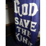 GOD SAVE THE KING PRINTED LINEN FLAG WITH 'BRITISH MADE' ON CORNER, 187 X 100 CM,