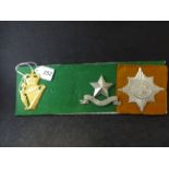 MILITARY CAP BADGES INCL IRISH GUARDS PIPERS BADGE ON ORANGE CLOTH (LUGS),