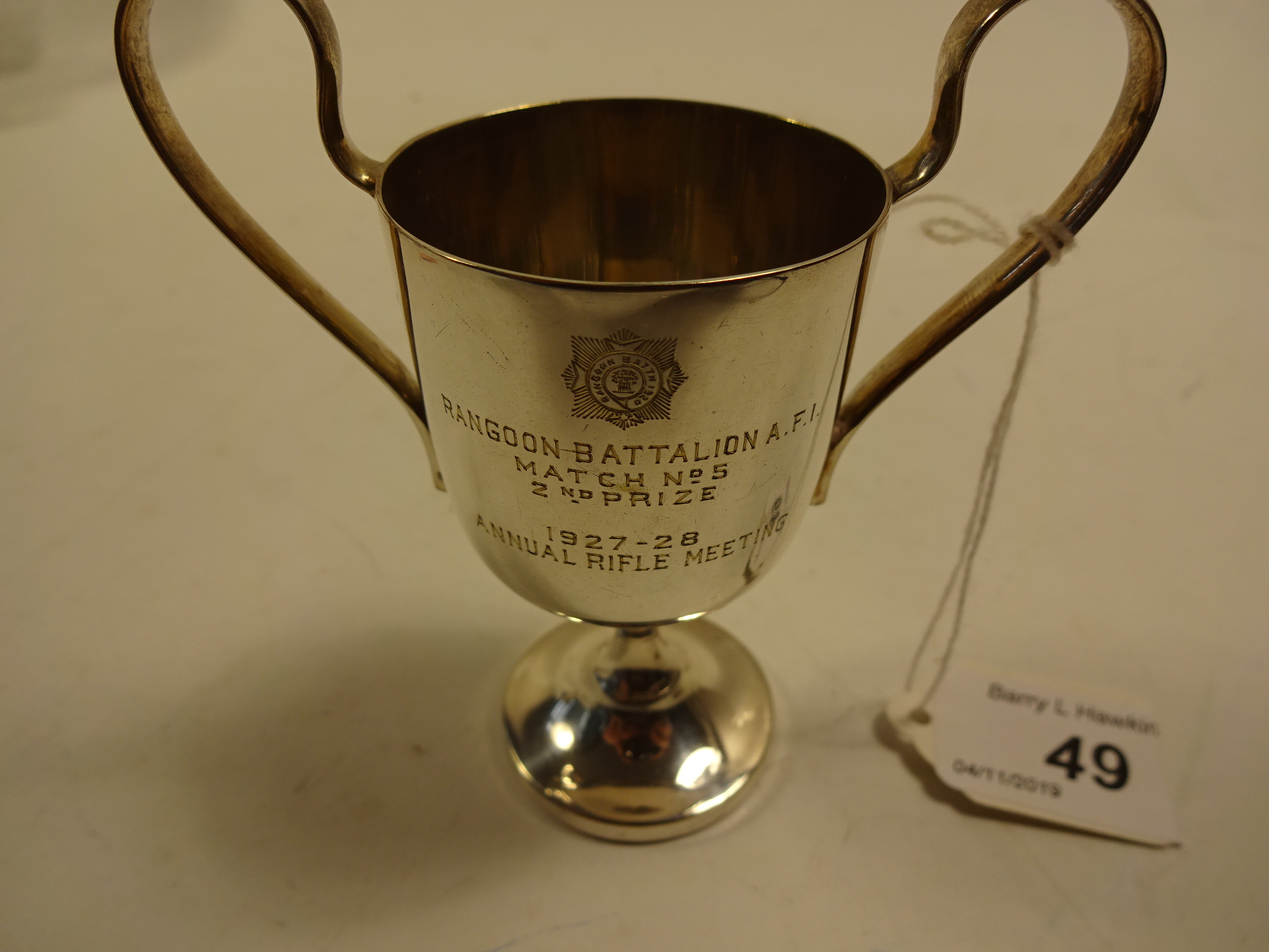 SILVER PLATE SHOOTING TROPHY ENGRAVED RANGOON BATTALION AFI, - Image 2 of 2