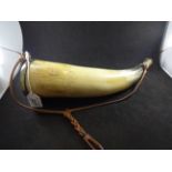PERCY TENANTRY POWDER HORN, POLISHED NATURAL FORM HORN BODY WITH BRASS TOP AND BASE,