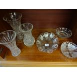 6 PIECES OF CUT GLASS VASES AND BOWLS