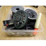 BOX OF SPARE SPOOLS AND FLY LINE ETC..