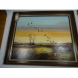 FRAMED OIL ON BOARD PAINTING EVENING GEESE SIGNED JAMES ALLEN
