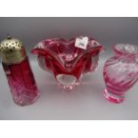 5 PIECES OF CRANBERRY GLASS INCLUDING MURANO BOWL AND SUGAR SHAKER AND PIECE OF CAITHNESS CRYSTAL