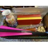 BOX OF ORIENTAL ITEMS INCLUDING PARASOLS, CHESS PIECES,