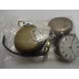 2 BROKEN POCKET WATCHES AND LADIES WRISTWATCH TOGETHER WITH METAL CASE