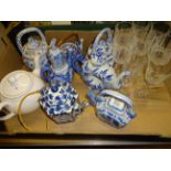 BOX OF BLUE AND WHITE CHINA AND GLASSES