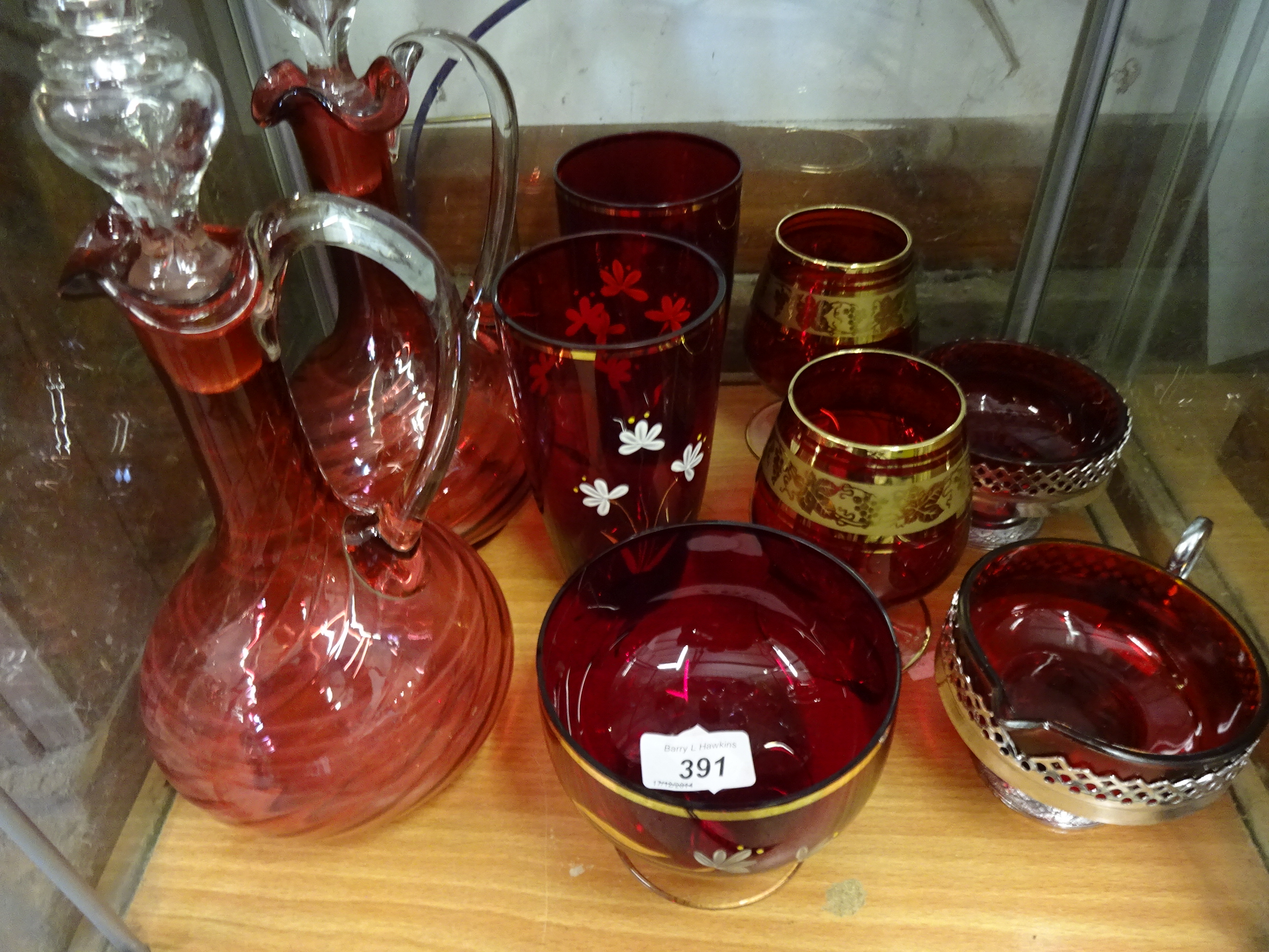 9 PIECES CRANBERRY GLASS INCLUDING PAIR OF DECANTERS - Image 2 of 2