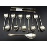 9 MATCHING SILVER APOSTLE TEASPOONS PLUS 2 KNIVES ,