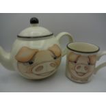 NOVELTY ARTHUR WOOD PIG THEMED TEA SET FOR 3