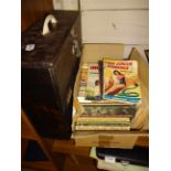 BOX OF BOOKS AND SMALL QUANTITY OF 78'S IN VINTAGE CASE