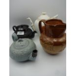DOULTON LAMBETH JUG PLUS TWO VINTAGE TEAPOTS AND ONE OTHER ALL A/F