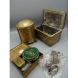 MIXED LOT INCLUDING BRASS TOBACCO TINS, TEA CADDY, BEAN SLICER, PLATEWARE,
