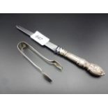 SILVER HANDLED LETTER OPENER AND SUGAR TONGS
