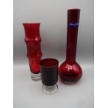14 PIECES OF CRANBERRY GLASS INCLUDING VILLEROY AND BOCK VASE
