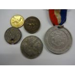 5 MEDALLIONS INCLUDING VICTORIAN 'KEEP YOUR TEMPER' CHATTERIS SCHOOL 'ALL RIGHT YOU PAY 21' JACK