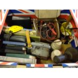 BOX OF RAILWAYANA TO INCLUDE METAL SIGNS, TORCH, BELL, TESTING EQUIPMENT, RULEBOOKS,