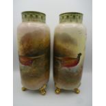 PAIR OF CROWN DEVON FIELDINGS PHEASANT THEMED VASES SIGNED COLEMAN 0865 17 26CM TALL