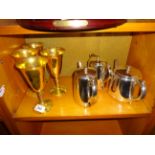3 PIECES OF PLATEWARE PLUS 4 BRASS GOBLETS