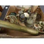 BOX OF BRASS TO INCLUDE PAINTED CONDIMENT POTS,