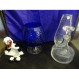 4 PIECES OF GLASS TO INCLUDE VASES DECANTER AND MURANO ? CLOWN