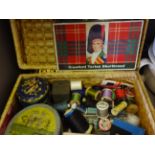 BASKET OF VINTAGE TINS AND SEWING ITEMS