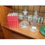 2 DECANTERS A/F OIL JUG & BOOK TIN & VINTAGE CANDLE HOLDER