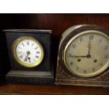 SLATE KEY WIND MANTLE CLOCK PLUS ONE OTHER WOODEN KEY WIND MANTLE CLOCK WITH PENDULUM