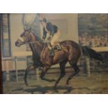 2 HORSE RACING PICTURES PLUS CARVED WOODEN PLAQUE