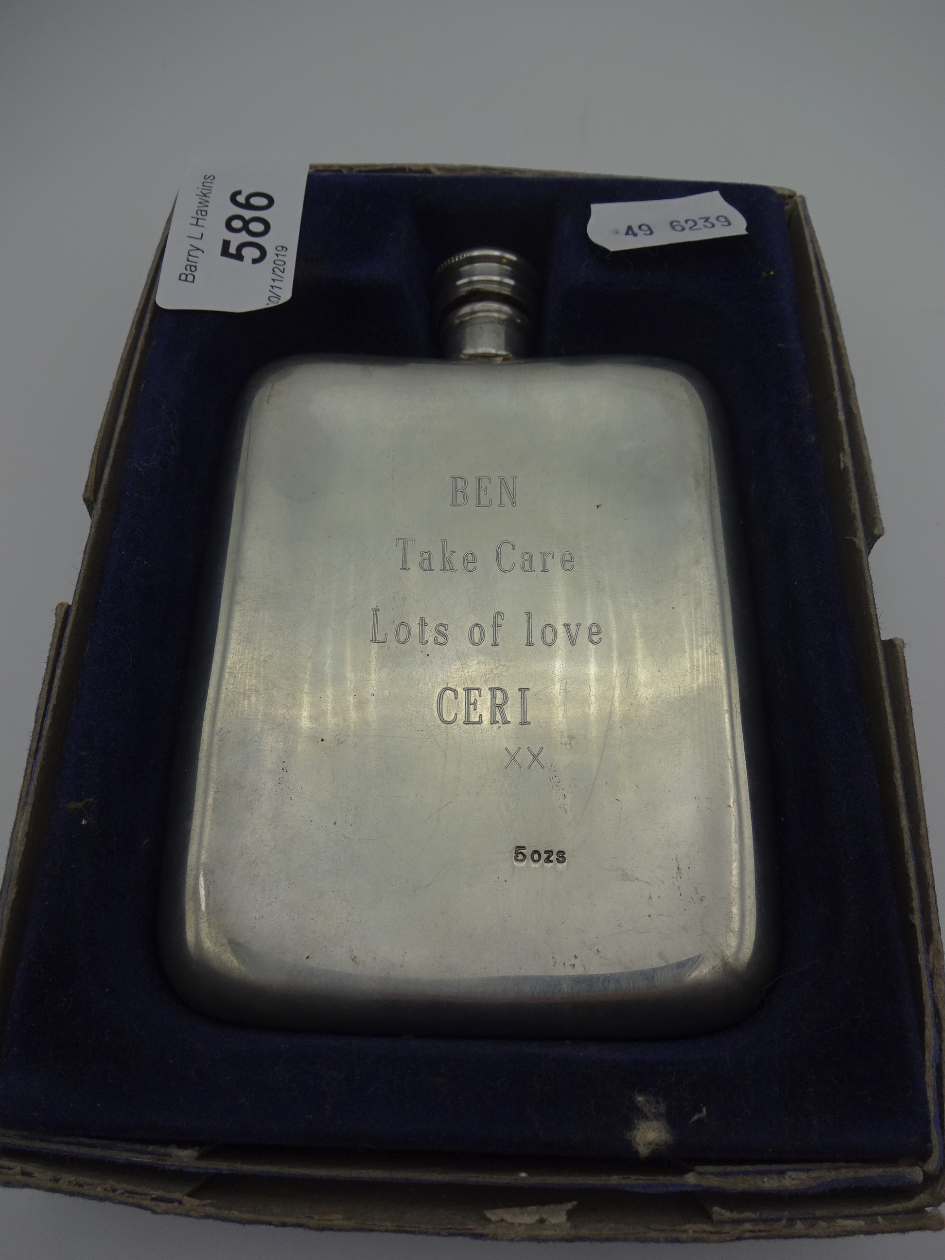 BOXED HIP FLASK WITH INSCRIPTION