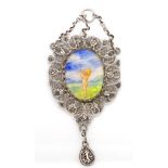 Antique silver pendant and miniature watercolour