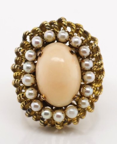 14ct yellow gold, coral and pearl ring