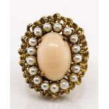 14ct yellow gold, coral and pearl ring