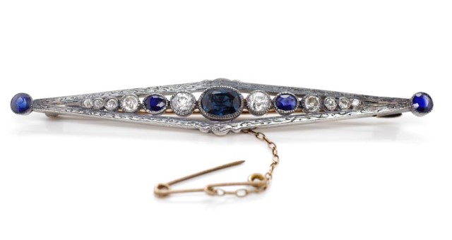 Antique diamond, sapphire and simulant brooch