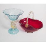 Two Murano glass dolphin comport and red basket