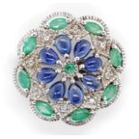 Sapphire, emerald and 9ct white gold brooch