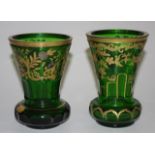 Pair Bohemia green & gilt glass vases