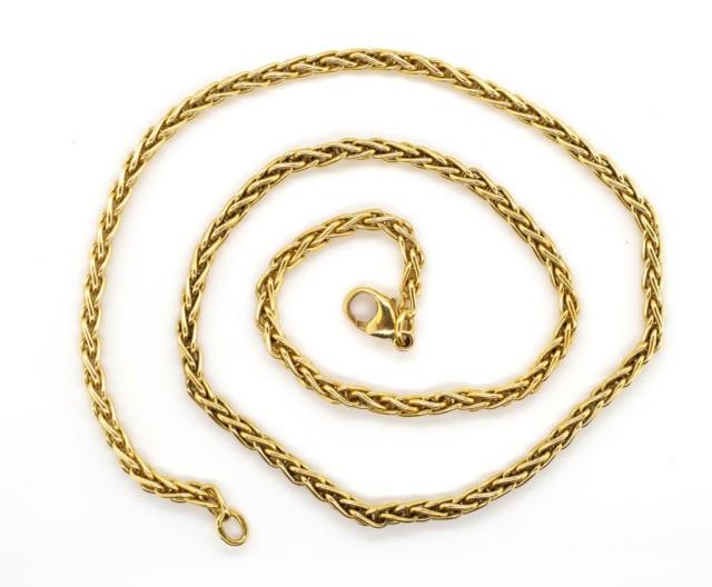 A heavy 18ct yellow gold wheat link chain necklace