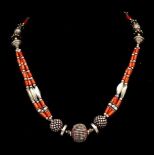 Coral and silver beaded tribal necklace