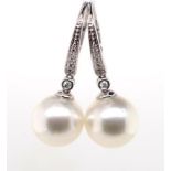 South sea pearl, diamond and 18ct gold earrings