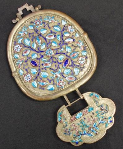 Chinese enamel and silver plate hanging mirror