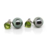 Tahitian pearl and peridot set white gold earrings