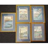 Set five framed Japanese woodblock prints