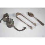 Antique hanau silver tongs, spoon and two roundels