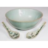 Antique Chinese celadon bowl & spoons