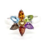 Multi gemstone and sterling silver flower ring